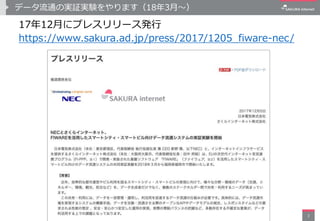 データ流通の実証実験をやります（18年3月〜）
17年12月にプレスリリース発行
https://www.sakura.ad.jp/press/2017/1205_fiware-nec/
3
 