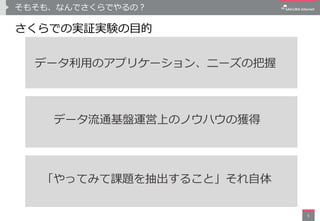 そもそも、なんでさくらでやるの？
「やってみて課題を抽出すること」それ自体
5
データ流通基盤運営上のノウハウの獲得
データ利用のアプリケーション、ニーズの把握
さくらでの実証実験の目的
 