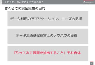 そもそも、なんでさくらでやるの？
「やってみて課題を抽出すること」それ自体
6
データ流通基盤運営上のノウハウの獲得
データ利用のアプリケーション、ニーズの把握
さくらでの実証実験の目的
 
