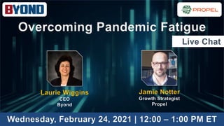 © 2021 Byond, Creative Commons Attribution License www.byondma.com
Overcoming Pandemic Fatigue
Wednesday, February 24, 2021 | 12:00 – 1:00 PM ET
Live Chat
Laurie Wiggins
CEO
Byond
Jamie Notter
Growth Strategist
Propel
 