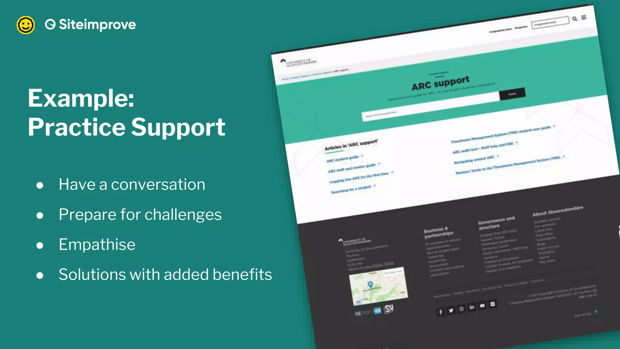 Example:
Practice Support
● Have a conversation
● Prepare for challenges
● Empathise
● Solutions with added benefits
 