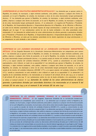 COMPETENCIAS DE LA SALA POLÍTICO-ADMINISTRATIVA ARTICULO 23 1. Las demandas que se ejerzan contra la
República, los estados, los municipios, o algún instituto autónomo, ente público, empresa o cualquier otra forma de
asociación, en la cual la República, los estados, los municipios u otros de los entes mencionados tengan participación
decisiva…. 2. Las demandas que ejerzan la República, los estados, los municipios, o algún instituto autónomo, ente
público, empresa o cualquier otra forma de asociación, en la cual la República, los estados, los municipios o cualquiera
de los entes mencionados tengan participación decisiva… 3. La abstención o la negativa del Presidente o Presidenta
de la República, del Vicepresidente Ejecutivo o Vicepresidenta Ejecutiva de la República, de los Ministros o Ministras,
así como de las máximas autoridades de los demás órganos de rango constitucional, a cumplir los actos a que estén
obligados por las leyes. 4. Las reclamaciones contra las vías de hecho atribuidas a las altas autoridades antes
enumeradas. 5. Las demandas de nulidad contra los actos administrativos de efectos generales o particulares dictados
por el Presidente o Presidenta de la República, el Vicepresidente Ejecutivo o Vicepresidenta Ejecutiva de la República,
los Ministros o Ministras, así como por las máximas autoridades de los demás organismos de rango constitucional, si
su competencia no está atribuida a otro tribunal.
COMPETENCIA DE LOS JUZGADOS NACIONALES DE LA JURISDICCIÓN CONTENCIOSO- ADMINISTRATIVA
ARTICULO 24 Los Juzgados Nacionales de la Jurisdicción Contencioso-Administrativa son competentes para conocer
de: 1. Las demandas que se ejerzan contra la República, los estados, los municipios, o algún instituto autónomo, ente
público, empresa o cualquier otra forma de asociación, en la cual la República, los estados, los municipios u otros de
los entes mencionados tengan participación decisiva, si su cuantía excede de treinta mil unidades tributarias (30.000
U.T.) y no supera setenta mil unidades tributarias (70.000 U.T.), cuando su conocimiento no esté atribuido
expresamente a otro tribunal, en razón de su especialidad. 2. Las demandas que ejerzan la República, los estados, los
municipios, o algún instituto autónomo, ente público, empresa o cualquier otra forma de asociación, en la cual la
República, los estados, los municipios u otros de los entes mencionados tengan participación decisiva, si su cuantía
excede de las treinta mil unidades tributarias (30.000 U.T.) y no supera setenta mil unidades tributarias (70.000
U.T.), cuando su conocimiento no esté atribuido a otro tribunal en razón de su especialidad. 3. La abstención o la
negativa de las autoridades distintas a las mencionadas en el numeral 3 del artículo 23 de esta Ley y en el numeral
4 del artículo 25 de esta Ley. 4. Las reclamaciones contra las vías de hecho atribuidas a las autoridades a las que
se refiere el numeral anterior. 5. Las demandas de nulidad de los actos administrativos de efectos
generales o particulares dictados por autoridades distintas a las mencionadas en el numeral 5 del
artículo 23 de esta Ley y en el numeral 3 del artículo 25 de esta Ley.
COMPETENCIA DE LOS JUZGADOS SUPERIORES ESTADALES DE LA JURISDICCIÓN CONTENCIOSO-
ADMINISTRATIVA ARTICULO 25 Los Juzgados Superiores Estadales de la Jurisdicción Contencioso-
Administrativa son competentes para conocer de: 1. Las demandas que se ejerzan contra la República, los
estados,los municipios,o algún instituto autónomo,ente público,empresa o cualquier otra forma deasociación
en la cual laRepública,losestados,losmunicipio u otros delos entes mencionados tengan participación decisiva,
si su cuantía no excede de treinta mil unidades tributarias (30.000 U.T.), cuando su conocimiento no esté
atribuido a otro tribunal en razón de su especialidad.2.Las demandas que ejerzan la República,los estados,los
municipios,o algún instituto autónomo, ente público,empresa o cualquier otra forma de asociación en la cual
la República, los estados, los municipios u otros de los entes mencionados tengan participación decisiva, si su
cuantía no excede de treinta mil unidades tributarias(30.000 U.T.), cuando su conocimiento no esté atribuido a
otro tribunal en razón desu especialidad.3.Las demandas denulidad contra losactos administrativosdeefectos
generales o particulares,dictados por lasautoridades estadales o municipales desu jurisdicción,con excepción
de las acciones de nulidad ejercidas contra las decisiones administrativas dictadas por la Administrac ión del
trabajo en materia de inamovilidad,con ocasión deuna relación laboral regulada por la Ley Orgánicadel Trabajo.
4.La abstención o la negativa delas autoridades estadales o municipales a cumplirlosactos aqueestén obligadas
por las leyes.5. Las reclamaciones contra las vías dehecho atribuidas a autoridades estatales o municipalesde
su jurisdicción.
 