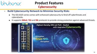 32
Cybersecurity
Product Features
 Build Cybersecurity Network to Minimize Security Risks
 The IGS-6325 series comes with enhanced cybersecurity to fend off cyberthreats and
cyberattacks.
 It supports SSHv2, TLS and SSL protocols to provide strong protection against advanced threats.
 