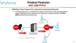 42
 1588 New Time Protocol for Industrial Computing Networks
 The IGS-6325 series is intended for Telecom and Carrier Ethernet applications,
supporting MEF service delivery and timing over packet solutions for IEEE
1588 and synchronous Ethernet.
IEEE 1588 PTPv2
Product Features
PTP PTP
PTP
PTP
 