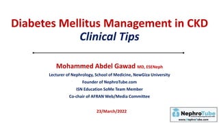 Diabetes Mellitus Management in CKD
Clinical Tips
Mohammed Abdel Gawad MD, ESENeph
Lecturer of Nephrology, School of Medicine, NewGiza University
Founder of NephroTube.com
ISN Education SoMe Team Member
Co-chair of AFRAN Web/Media Committee
23/March/2022
 