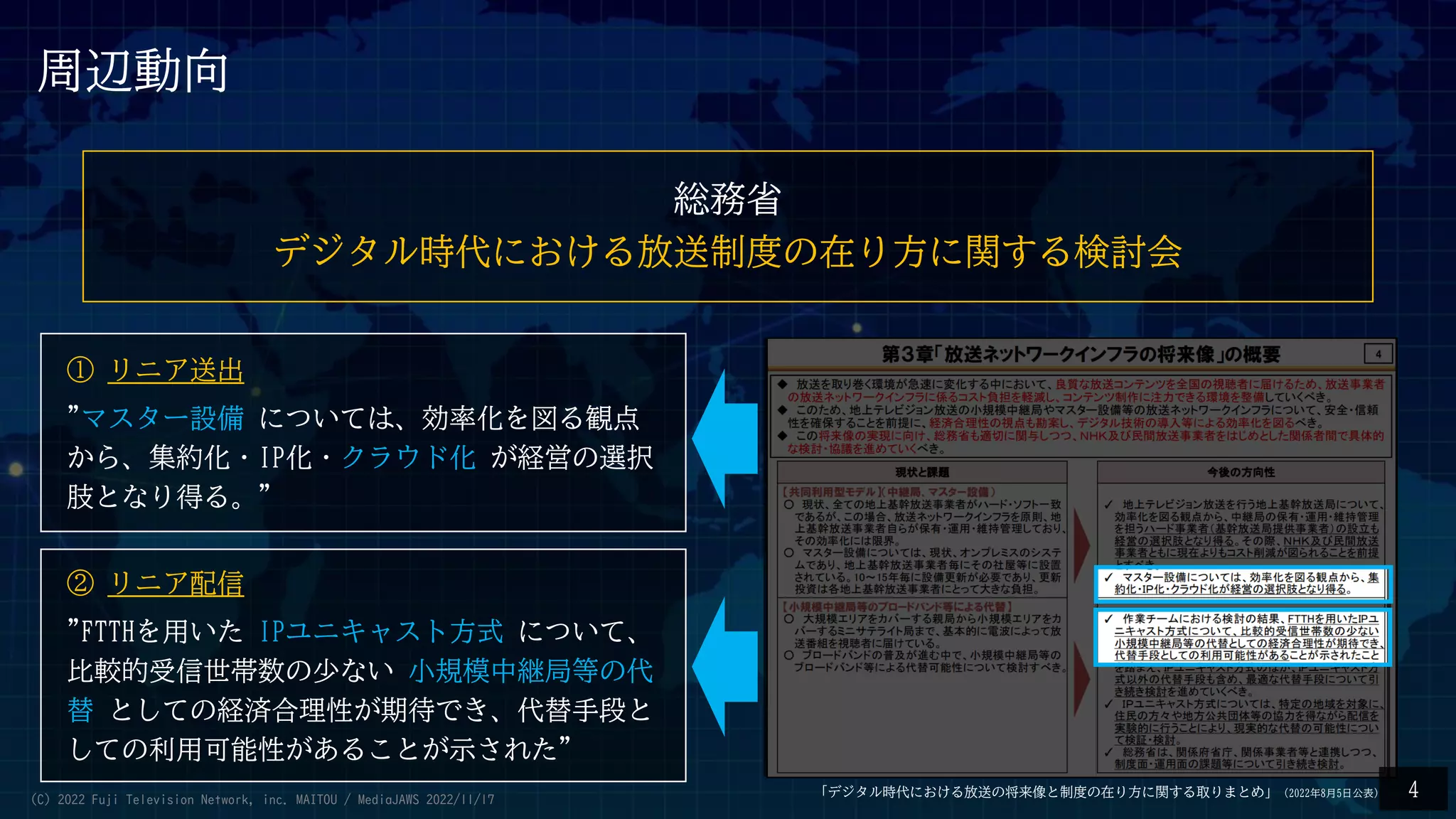 周辺動向
4
「デジタル時代における放送の将来像と制度の在り方に関する取りまとめ」（2022年8月5日公表）
① リニア送出
"マスター設備 については、効率化を図る観点
から、集約化・IP化・クラウド化 が経営の選択
肢となり得る。"
② リニア配信
"FTTHを用いた IPユニキャスト方式 について、
比較的受信世帯数の少ない 小規模中継局等の代
替 としての経済合理性が期待でき、代替手段と
しての利用可能性があることが示された"
総務省
デジタル時代における放送制度の在り方に関する検討会
(C) 2022 Fuji Television Network, inc. MAITOU / MediaJAWS 2022/11/17
 