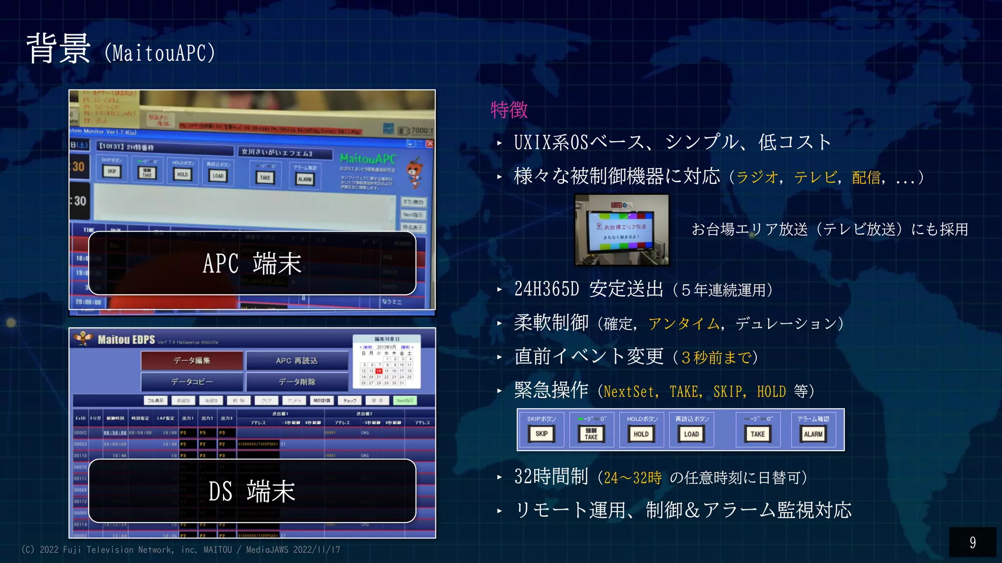 特徴
‣ UXIX系OSベース、シンプル、低コスト
‣ 様々な被制御機器に対応（ラジオ, テレビ, 配信, ...）
‣ 24H365D 安定送出（５年連続運用）
‣ 柔軟制御（確定, アンタイム, デュレーション）
‣ 直前イベント変更（３秒前まで）
‣ 緊急操作（NextSet, TAKE, SKIP, HOLD 等）
‣ 32時間制（24～32時 の任意時刻に日替可）
‣ リモート運用、制御＆アラーム監視対応
APC 端末
背景（MaitouAPC）
9
DS 端末
お台場エリア放送（テレビ放送）にも採用
(C) 2022 Fuji Television Network, inc. MAITOU / MediaJAWS 2022/11/17
 