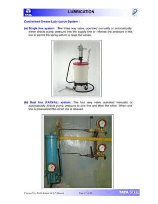 LUBRICATION
Centralised Grease Lubrication System :
(a) Single line system : The three way valve, operated manually or automatically,
either directs pump pressure into the supply line or relieves the pressure in the
line to permit the spring return to reset the valves.
(b) Dual line (FARVAL) system: The four way valve operated manually or
automatically directs pump pressure to one line and then the other. When one
line is pressurized the other line is relieved.
Prepared by: Rohit Kumar & S.P.Sharma Page 19 of 30
 