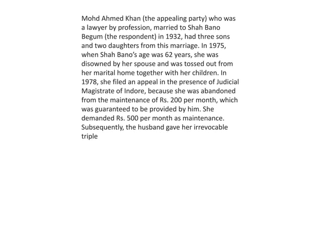 Mohammad Ahmad Khan Vs Shah Bano Begam Pptx Divorce Family And