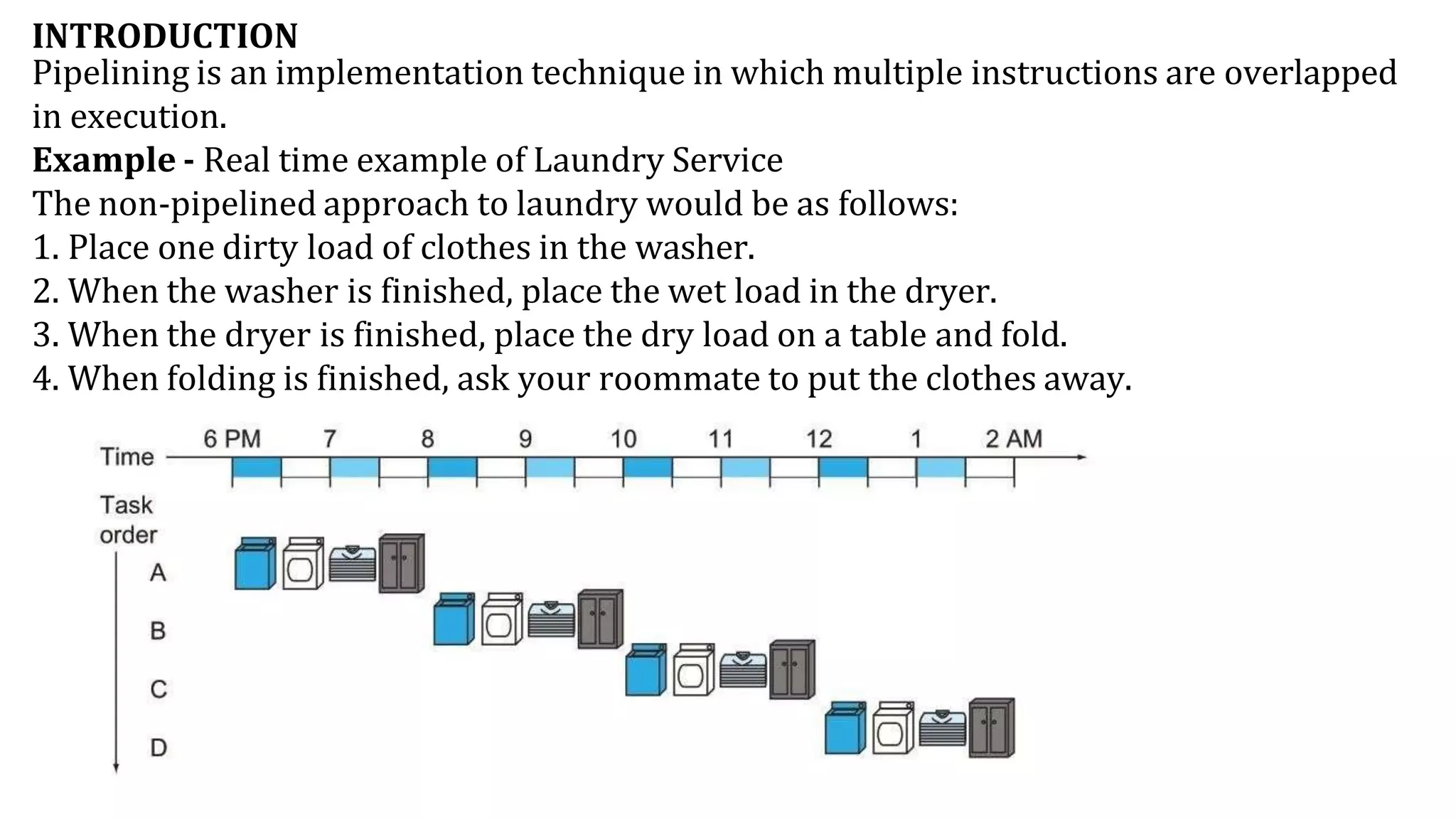 INTRODUCTION
Pipelining is an implementation technique in which multiple instructions are overlapped
in execution.
Example - Real time example of Laundry Service
The non-pipelined approach to laundry would be as follows:
1. Place one dirty load of clothes in the washer.
2. When the washer is finished, place the wet load in the dryer.
3. When the dryer is finished, place the dry load on a table and fold.
4. When folding is finished, ask your roommate to put the clothes away.
 