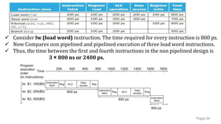  Consider lw (load word) instruction. The time required for every instruction is 800 ps.
 Now Compares non pipelined and pipelined execution of three load word instructions.
 Thus, the time between the first and fourth instructions in the non pipelined design is
3 × 800 ns or 2400 ps.
Page-34
 