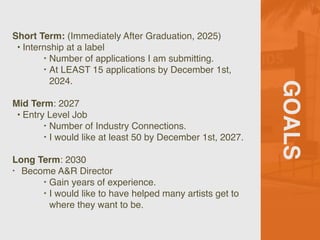 GOALS
Short Term: (Immediately After Graduation, 2025)
• Internship at a label
‣ Number of applications I am submitting.
‣ At LEAST 15 applications by December 1st,
2024.
Mid Term: 2027
• Entry Level Job
‣ Number of Industry Connections.
‣ I would like at least 50 by December 1st, 2027.
Long Term: 2030
• Become A&R Director
‣ Gain years of experience.
‣ I would like to have helped many artists get to
where they want to be.
 