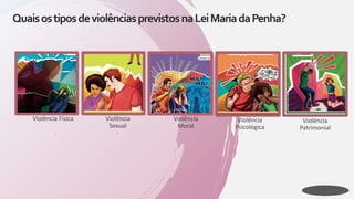 Violência Física
.
QuaisostiposdeviolênciasprevistosnaLeiMariadaPenha?
Violência
Sexual
.
Violência
Moral
.
Violência
Psicológica
.
Violência
Patrimonial
.
 
