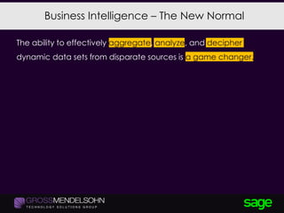 The ability to effectively aggregate, analyze, and decipher
dynamic data sets from disparate sources is a game changer.
Business Intelligence – The New Normal
 