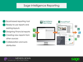 Sage Intelligence Reporting
 Excel-based reporting tool
 Ready-to-use reports and
existing layouts
 Designing Financial reports
 Creating new reports from
other sources
 Collaboration and auto
distribution
 