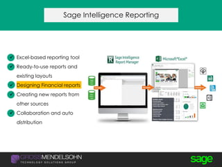  Excel-based reporting tool
 Ready-to-use reports and
existing layouts
 Designing Financial reports
 Creating new reports from
other sources
 Collaboration and auto
distribution
Sage Intelligence Reporting
 