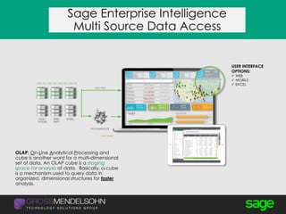 Sage Enterprise Intelligence
Multi Source Data Access
OLAP CUBES
OLAP: On-Line Analytical Processing and
cube is another word for a multi-dimensional
set of data. An OLAP cube is a staging
space for analysis of data. Basically, a cube
is a mechanism used to query data in
organized, dimensional structures for faster
analysis.
USER INTERFACE
OPTIONS:
 WEB
 MOBILE
 EXCEL
 
