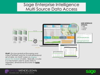 Sage Enterprise Intelligence
Multi Source Data Access
OLAP CUBES
OLAP: On-Line Analytical Processing and
cube is another word for a multi-dimensional
set of data. An OLAP cube is a staging
space for analysis of data. Basically, a cube
is a mechanism used to query data in
organized, dimensional structures for faster
analysis.
USER INTERFACE
OPTIONS:
 WEB
 MOBILE
 EXCEL
 