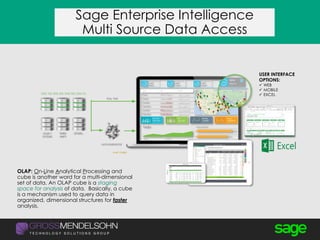 Sage Enterprise Intelligence
Multi Source Data Access
OLAP CUBES
OLAP: On-Line Analytical Processing and
cube is another word for a multi-dimensional
set of data. An OLAP cube is a staging
space for analysis of data. Basically, a cube
is a mechanism used to query data in
organized, dimensional structures for faster
analysis.
USER INTERFACE
OPTIONS:
 WEB
 MOBILE
 EXCEL
 
