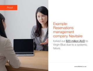 The Littlefish logo
Logo variations
Littlefish condensed (primary) logo
This logo must be used whenever possible as the primary logo.
littlefishmanaged IT services
www.littlefish.co.uk
Example:
Reservations
management
company Navitaire
forked out $20 million AUD to
Virgin Blue due to a systems
failure.
Proof
 