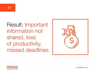 The Littlefish logo
Logo variations
Littlefish condensed (primary) logo
This logo must be used whenever possible as the primary logo.
littlefishmanaged IT services
www.littlefish.co.uk
Result: Important
information not
shared, loss
of productivity,
missed deadlines.
#5
 