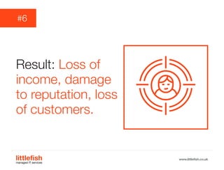 The Littlefish logo
Logo variations
Littlefish condensed (primary) logo
This logo must be used whenever possible as the primary logo.
littlefishmanaged IT services
www.littlefish.co.uk
Result: Loss of
income, damage
to reputation, loss
of customers.
#6
 