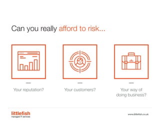 The Littlefish logo
Logo variations
Littlefish condensed (primary) logo
This logo must be used whenever possible as the primary logo.
littlefishmanaged IT services
www.littlefish.co.uk
Can you really afford to risk...
Your reputation? Your customers? Your way of
doing business?
 