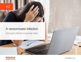 The Littlefish logo
Logo variations
Littlefish condensed (primary) logo
This logo must be used whenever possible as the primary logo.
littlefishmanaged IT services
www.littlefish.co.uk
A ransomware infection
encrypts critical corporate data.
#2
 