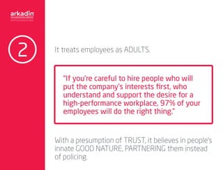 It treats employees as ADULTS.
With a presumption of TRUST, it believes in people’s
innate GOOD NATURE, PARTNERING them in...