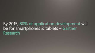 By 2015, 80% of application development will 
be for smartphones & tablets – Gartner 
Research 
 