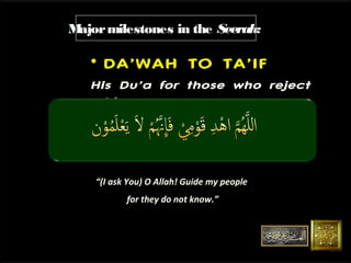 M
ajor milestones in the Seerah:

• DA’WAH TO TA’IF
His Du’a for those who reject
him.

“(I ask You) O Allah! Guide my people
for they do not know.”

 