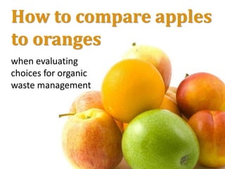 How to compare apples
to oranges
when evaluating
choices for organic
waste management
 