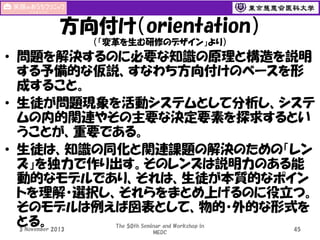 方向付け（orientation）
（「変革を生む研修のデザイン」より）

• 問題を解決するのに必要な知識の原理と構造を説明
する予備的な仮説、すなわち方向付けのベースを形
成すること。
• 生徒が問題現象を活動システムとして分析し、システ
ムの内的関連やその主要な決定要素を探求するとい
うことが、重要である。
• 生徒は、知識の同化と関連課題の解決のための「レン
ズ」を独力で作り出す。そのレンズは説明力のある能
動的なモデルであり、それは、生徒が本質的なポイン
トを理解・選択し、それらをまとめ上げるのに役立つ。
そのモデルは例えば図表として、物的・外的な形式を
とる。
3 November 2013

The 50th Seminar and Workshop in
MEDC

45

 
