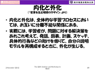 内化と外化
（「変革を生む研修のデザイン」より）

• 内化と外化は、全体的な学習プロセスにおい
ては、お互いに分離不能な関係にある。
• 実際には、学習者が、問題に対する解決策を
あれこれ考えて、発話、図表、計画、スケッチ、
具体的行為などの助けを借りて、自分の説明
モデルを再構成するときに、外化が生じる。

3 November 2013

The 50th Seminar and Workshop in
MEDC

49

 