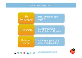 Une bonne image, c’est  :
Office de tourisme du Vignoble de Nantes
http://www.levignobledenantes-tourisme.com
• Pour émerger, être
repéré
Se
démarquer
Se
démarquer
• Compréhension
immédiate = efficacitéEtre lisibleEtre lisible
• On ne peut pas tout
dire, ni tout montrer
Faire un
choix
Faire un
choix
 
