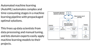 Automated machine learning
(AutoML) automates complex and
time-consuming stages in a machine
learning pipeline with prepac...