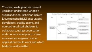 You can’t write good software if
you don’t understand what it’s
supposed to do. Behavior-Driven
Development (BDD) encourag...