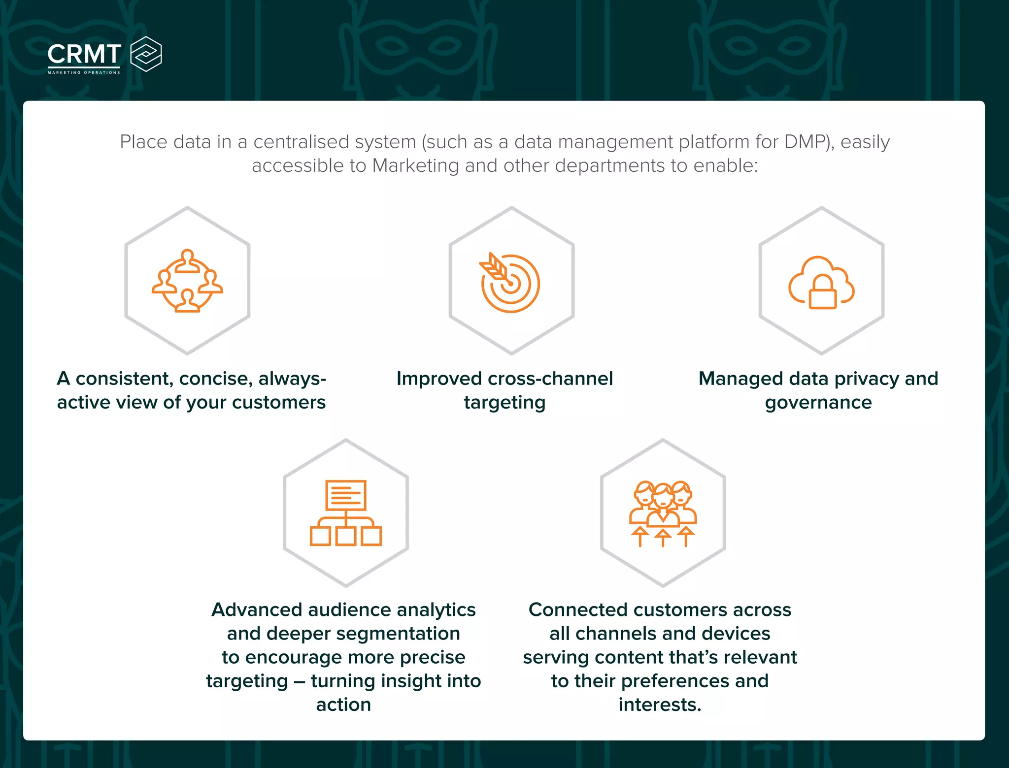 Place data in a centralised system (such as a data management platform for DMP), easily
accessible to Marketing and other departments to enable:
A consistent, concise, always-
active view of your customers
Advanced audience analytics
and deeper segmentation
to encourage more precise
targeting – turning insight into
action
Improved cross-channel
targeting
Connected customers across
all channels and devices
serving content that’s relevant
to their preferences and
interests.
Managed data privacy and
governance
 