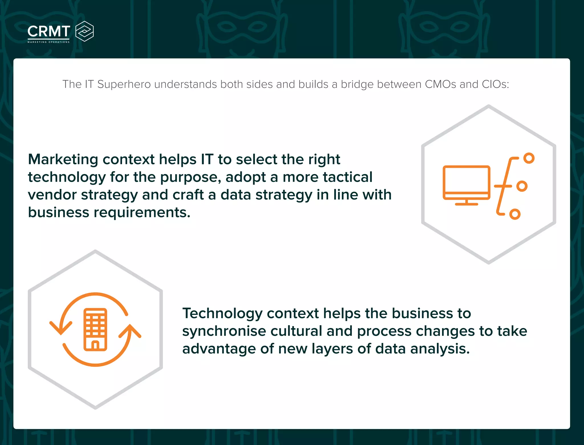 The IT Superhero understands both sides and builds a bridge between CMOs and CIOs:
Marketing context helps IT to select the right
technology for the purpose, adopt a more tactical
vendor strategy and craft a data strategy in line with
business requirements.
Technology context helps the business to
synchronise cultural and process changes to take
advantage of new layers of data analysis.
 