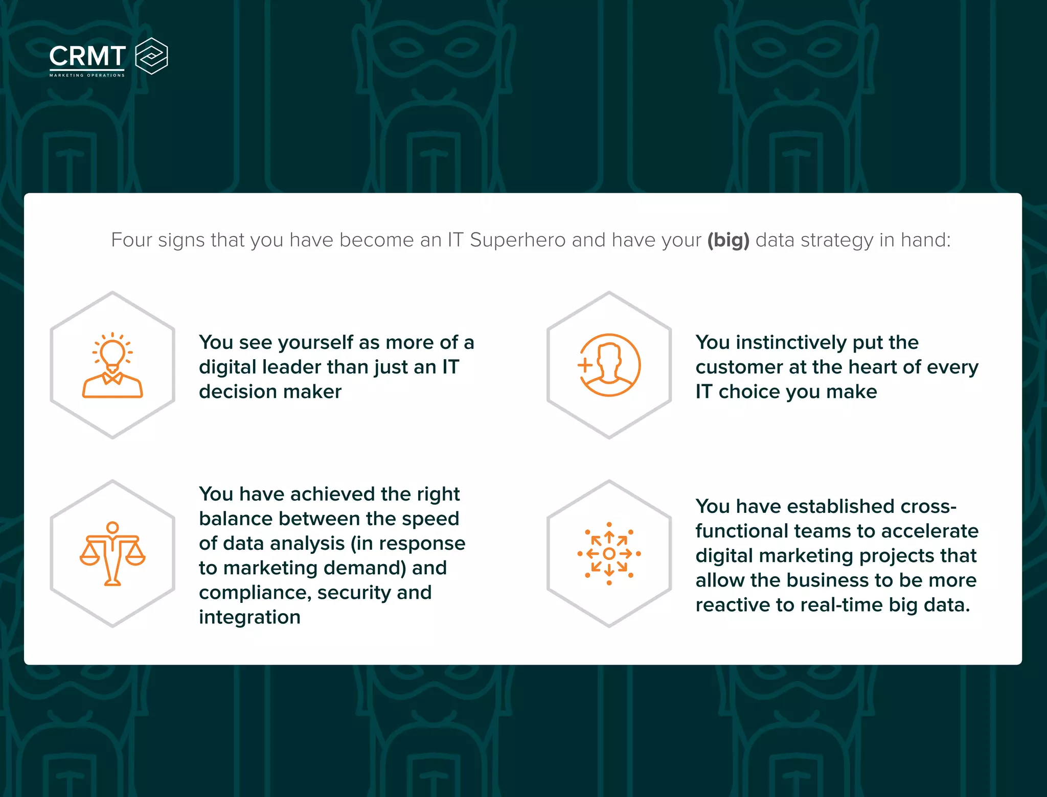 Four signs that you have become an IT Superhero and have your (big) data strategy in hand:
You see yourself as more of a
digital leader than just an IT
decision maker
You instinctively put the
customer at the heart of every
IT choice you make
You have achieved the right
balance between the speed
of data analysis (in response
to marketing demand) and
compliance, security and
integration
You have established cross-
functional teams to accelerate
digital marketing projects that
allow the business to be more
reactive to real-time big data.
 