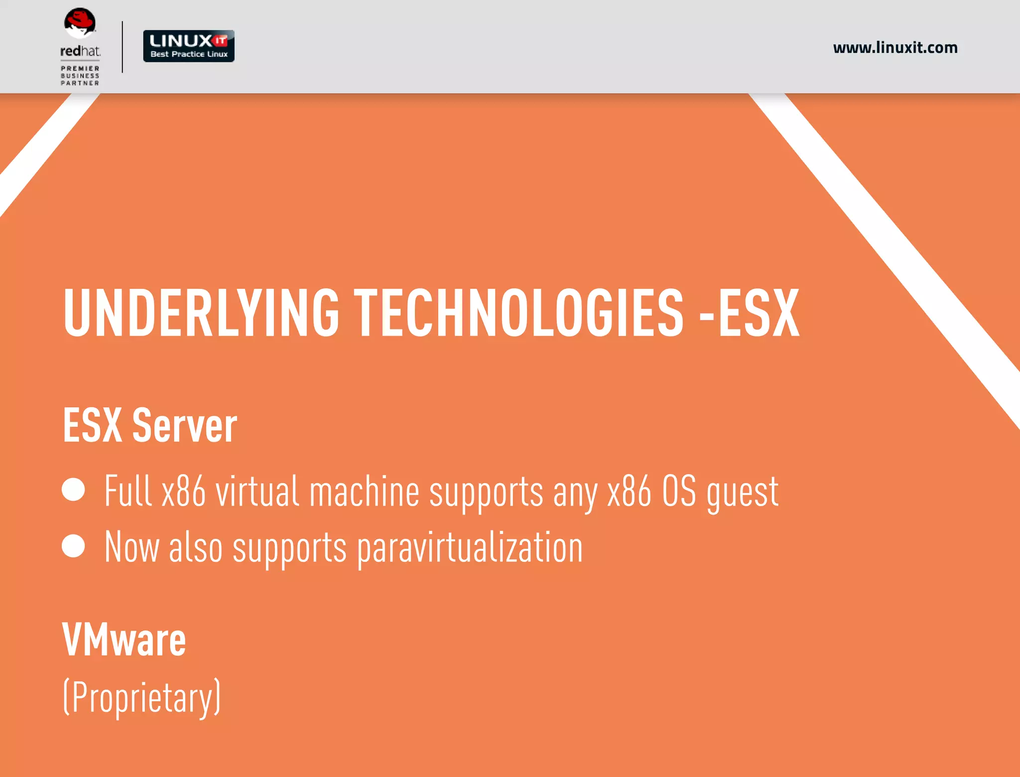 UNDERLYING TECHNOLOGIES -ESX
ESX Server
Full x86 virtual machine supports any x86 OS guest
Now also supports paravirtualization
VMware
(Proprietary)
www.linuxit.com
 