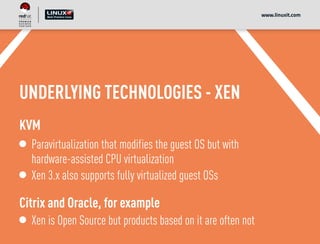 UNDERLYING TECHNOLOGIES - XEN
KVM
Paravirtualization that modifies the guest OS but with
hardware-assisted CPU virtualization
Xen 3.x also supports fully virtualized guest OSs
Citrix and Oracle, for example
Xen is Open Source but products based on it are often not
www.linuxit.com
 
