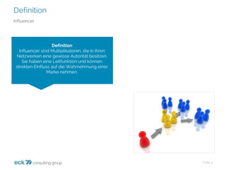 Definition 
Folie 3 
Influencer 
Definition 
Influencersind Multiplikatoren, die in ihren Netzwerken eine gewisse Autorität besitzen. Sie haben eine Leitfunktion und können direkten Einfluss auf die Wahrnehmung einer Marke nehmen.  