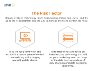 The Risk Factor
Rapidly evolving technology raises expectations among end-users – but it’s
up to the IT department and the CIO to manage them and contain the risks:
Take the long-term view, and
establish a central point of control
over existing and emerging
marketing data stacks.
Side-step trends and focus on
infrastructure technology that will
put your marketing team in charge
of the data itself, regardless of
new channels and data gathering
platforms.
 