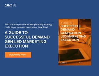 Find out how your data interoperability strategy
could boost demand generation, download:
A GUIDE TO
SUCCESSFUL DEMAND
GEN LED MARKETING
EXECUTION
DOWNLOAD NOW
TRANSFORMSTRATEGISE EXECUTE
A GUIDE TO
SUCCESSFUL
DEMAND
GENERATION
LED MARKETING
EXECUTION
 