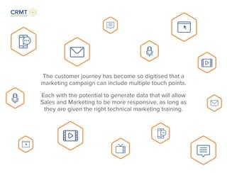 The customer journey has become so digitised that a
marketing campaign can include multiple touch points.
Each with the potential to generate data that will allow
Sales and Marketing to be more responsive, as long as
they are given the right technical marketing training.
 