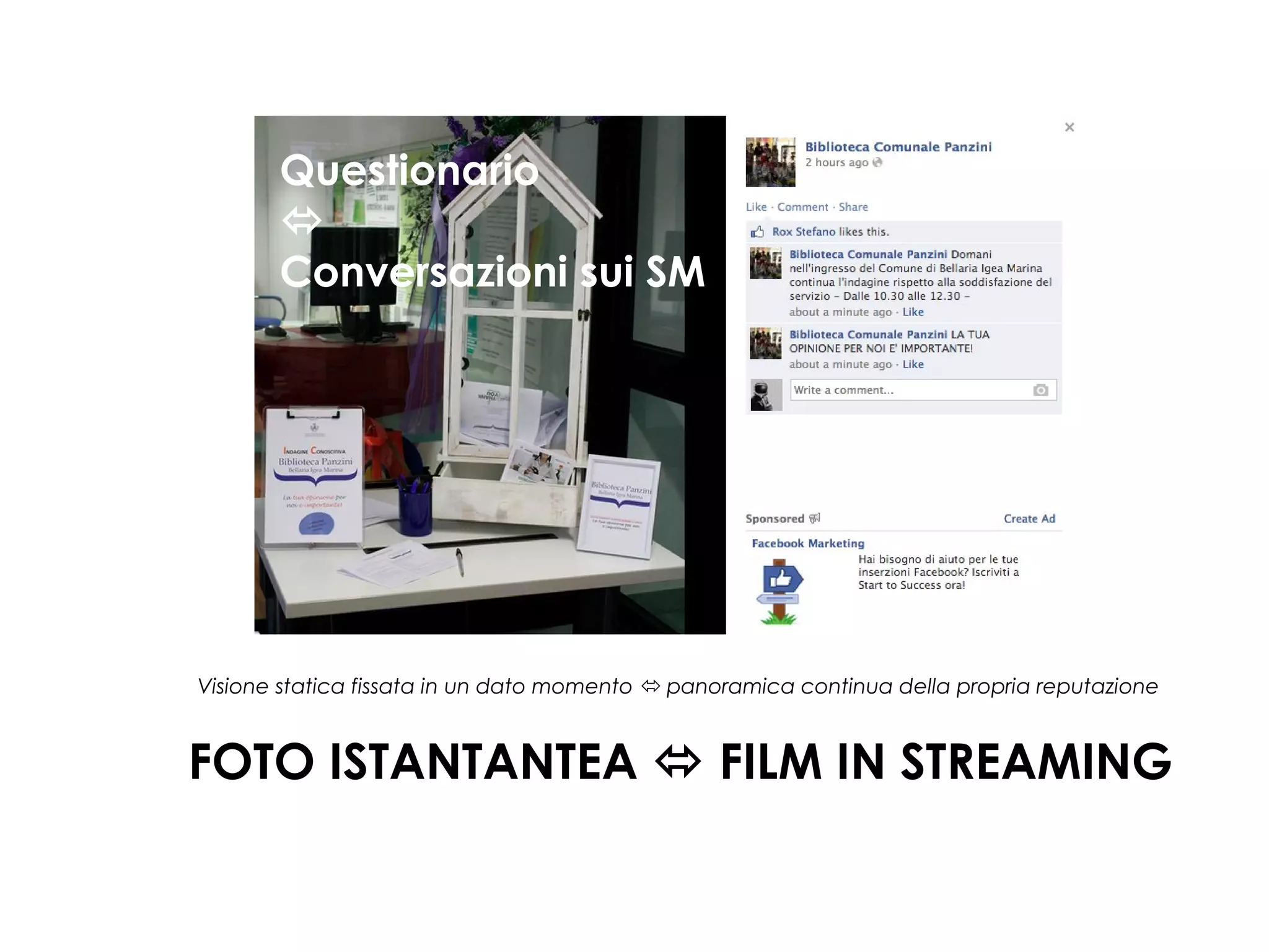 Questionario

Conversazioni sui SM

Visione statica fissata in un dato momento  panoramica continua della propria reputazione

FOTO ISTANTANTEA  FILM IN STREAMING

 