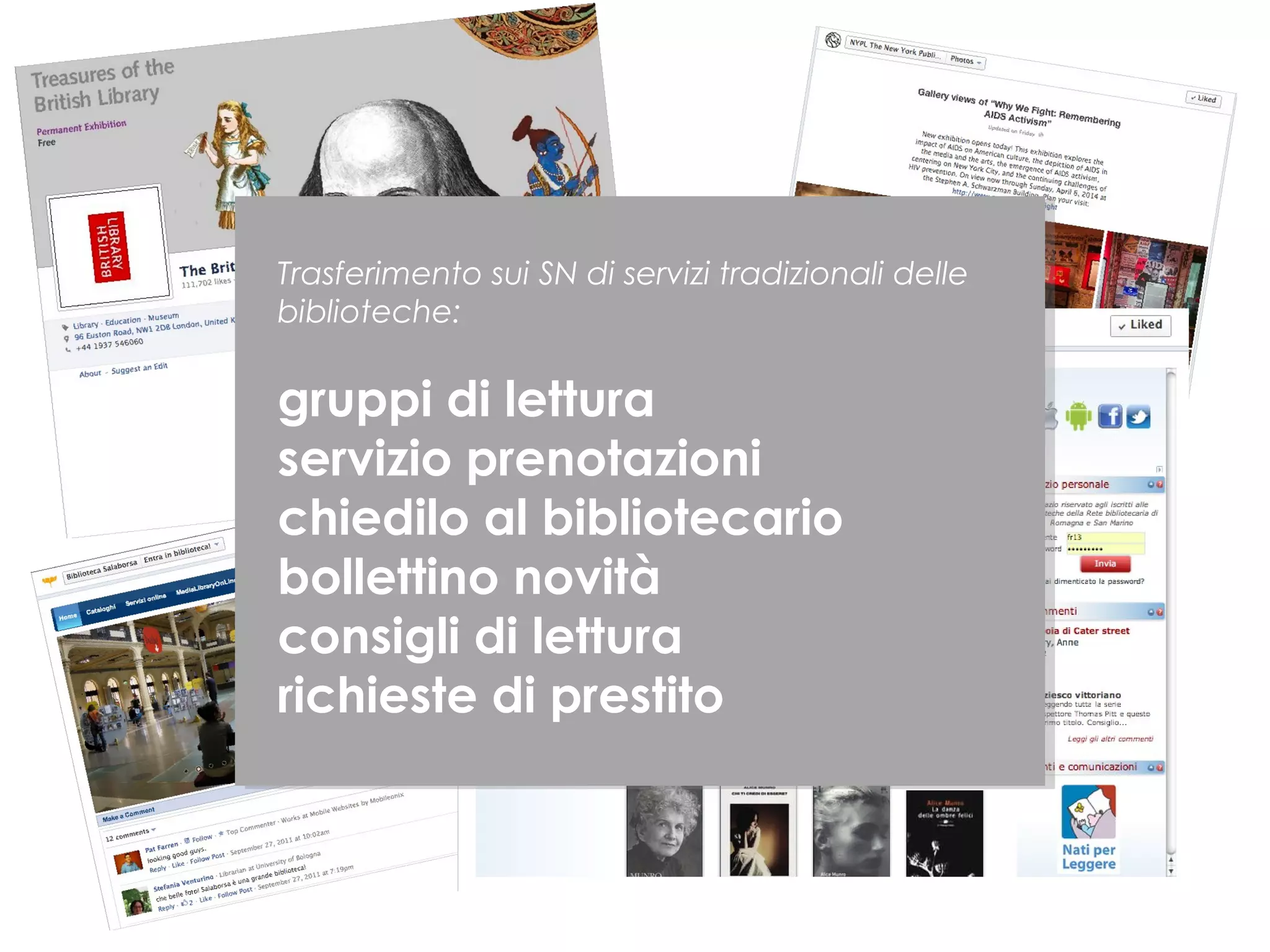 Trasferimento sui SN di servizi tradizionali delle
biblioteche:

gruppi di lettura
servizio prenotazioni
chiedilo al bibliotecario
bollettino novità
consigli di lettura
richieste di prestito

 