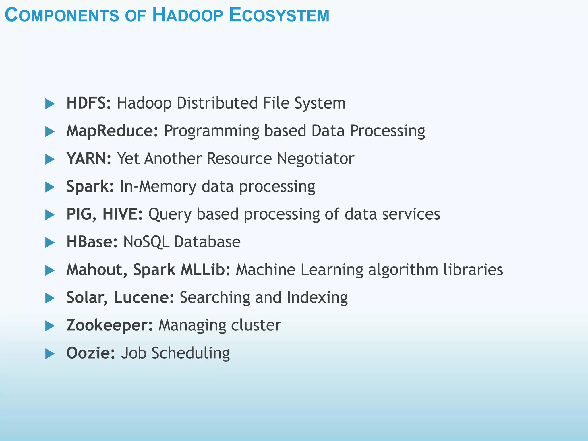 COMPONENTS OF HADOOP ECOSYSTEM
 HDFS: Hadoop Distributed File System
 MapReduce: Programming based Data Processing
 YARN: Yet Another Resource Negotiator
 Spark: In-Memory data processing
 PIG, HIVE: Query based processing of data services
 HBase: NoSQL Database
 Mahout, Spark MLLib: Machine Learning algorithm libraries
 Solar, Lucene: Searching and Indexing
 Zookeeper: Managing cluster
 Oozie: Job Scheduling
 