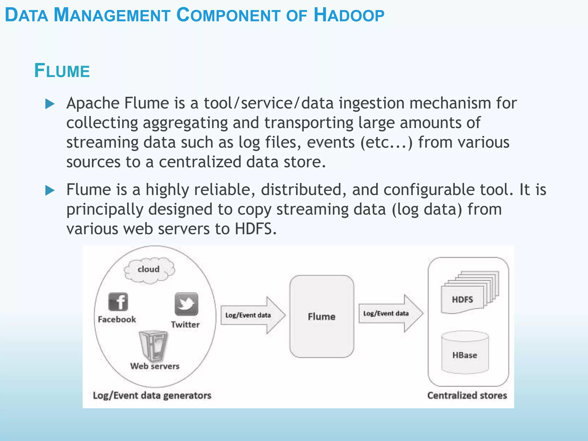 DATA MANAGEMENT COMPONENT OF HADOOP
FLUME
 Apache Flume is a tool/service/data ingestion mechanism for
collecting aggregating and transporting large amounts of
streaming data such as log files, events (etc...) from various
sources to a centralized data store.
 Flume is a highly reliable, distributed, and configurable tool. It is
principally designed to copy streaming data (log data) from
various web servers to HDFS.
 